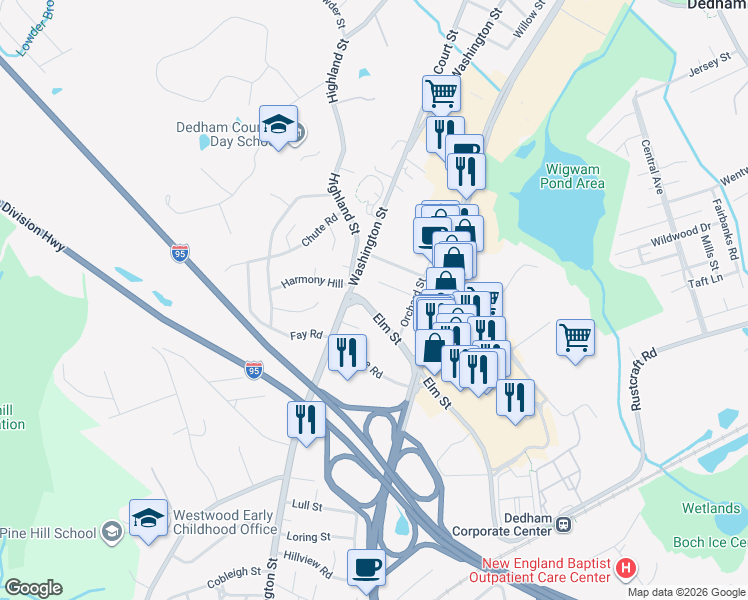 map of restaurants, bars, coffee shops, grocery stores, and more near 24 Elm Street in Dedham