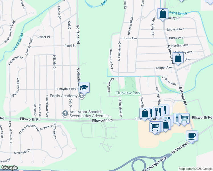 map of restaurants, bars, coffee shops, grocery stores, and more near 2955 Golfview Court in Ypsilanti