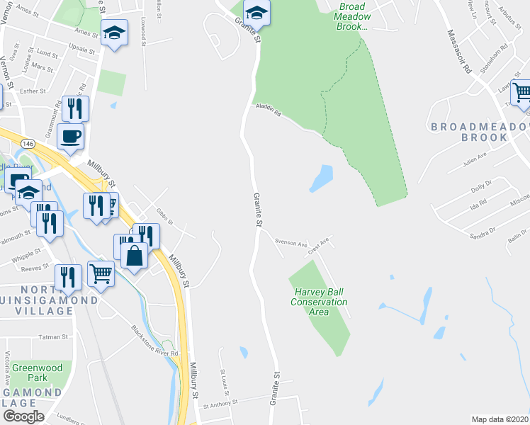 map of restaurants, bars, coffee shops, grocery stores, and more near 267 Granite Street in Worcester
