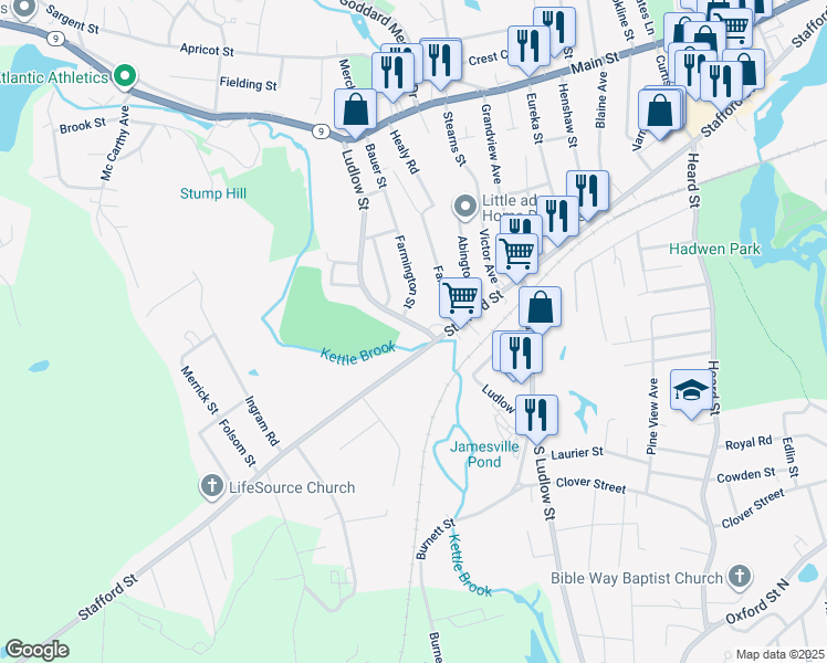 map of restaurants, bars, coffee shops, grocery stores, and more near 173 Ludlow Street in Worcester
