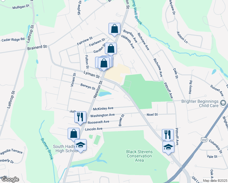 map of restaurants, bars, coffee shops, grocery stores, and more near 10 Camden Street in South Hadley