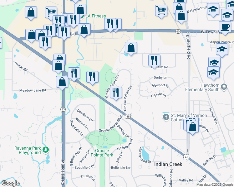 map of restaurants, bars, coffee shops, grocery stores, and more near 908 Ann Arbor Lane in Vernon Hills