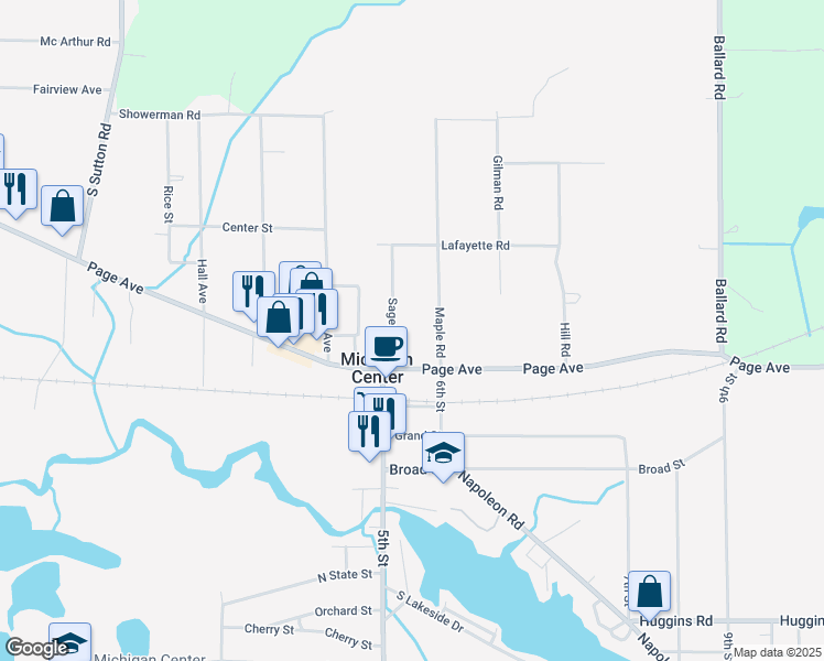 map of restaurants, bars, coffee shops, grocery stores, and more near 131 Sager Road in Michigan Center