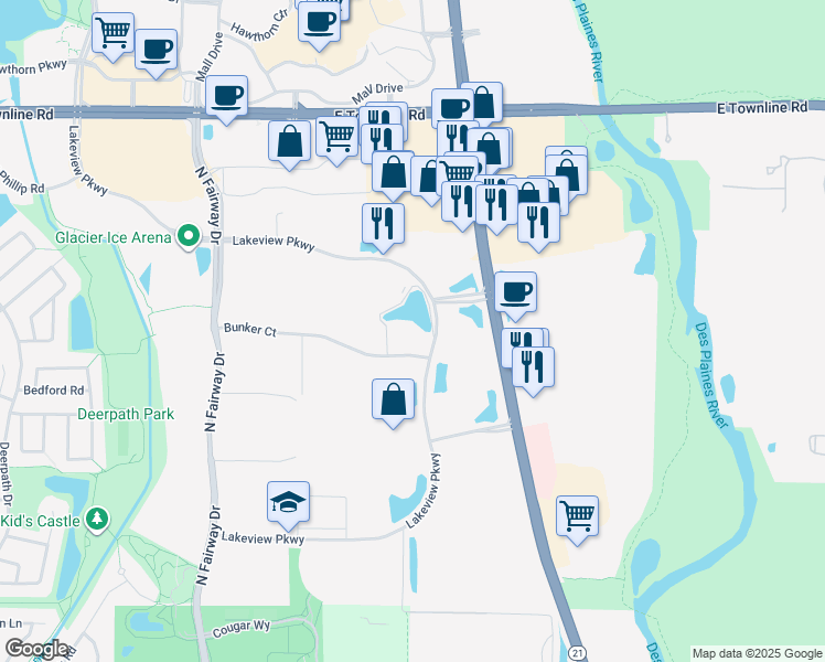 map of restaurants, bars, coffee shops, grocery stores, and more near 750 Bunker Court in Vernon Hills