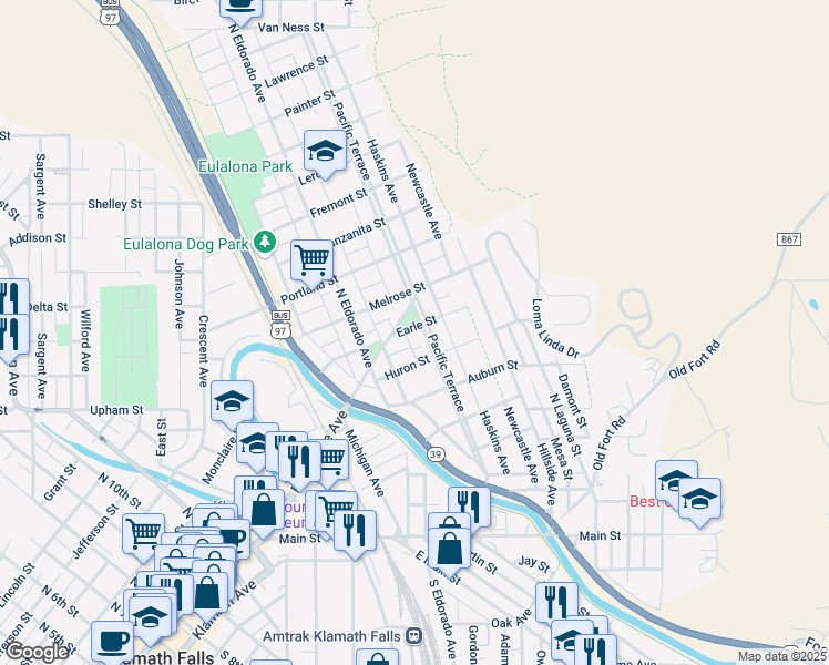 map of restaurants, bars, coffee shops, grocery stores, and more near 642 Pacific Terrace in Klamath Falls