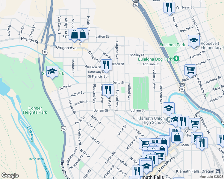 map of restaurants, bars, coffee shops, grocery stores, and more near 925B Fulton Street in Klamath Falls