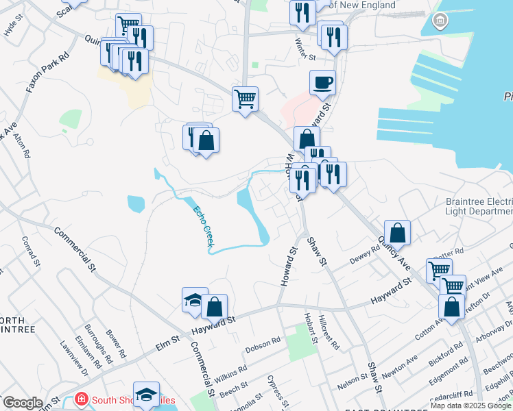 map of restaurants, bars, coffee shops, grocery stores, and more near 100 Skyline Drive in Braintree