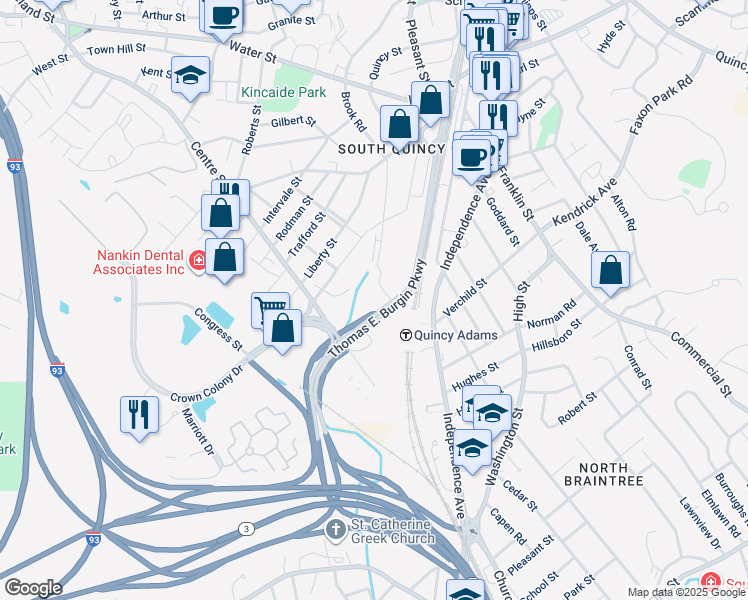 map of restaurants, bars, coffee shops, grocery stores, and more near 625 Thomas Burgin Parkway in Quincy