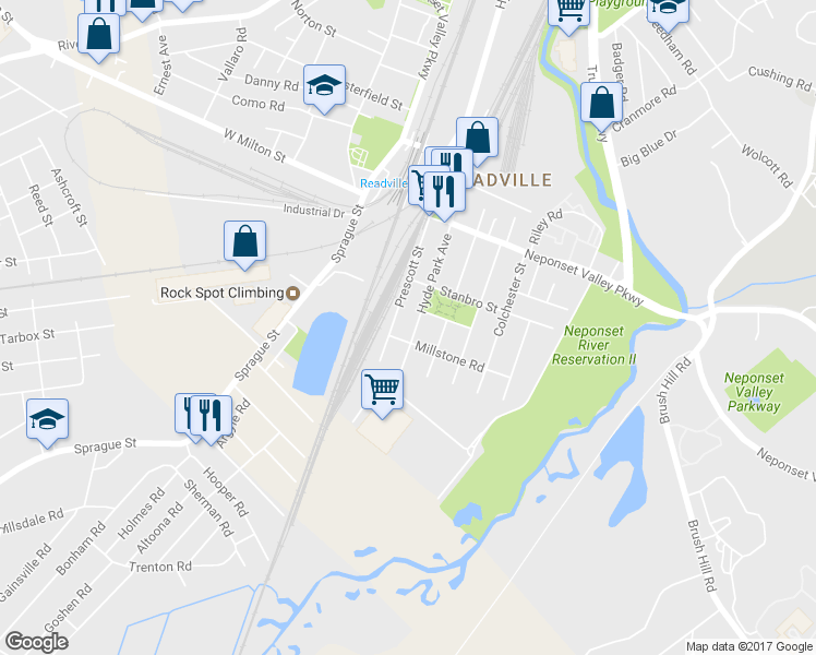 map of restaurants, bars, coffee shops, grocery stores, and more near 30 Millstone Road in Boston