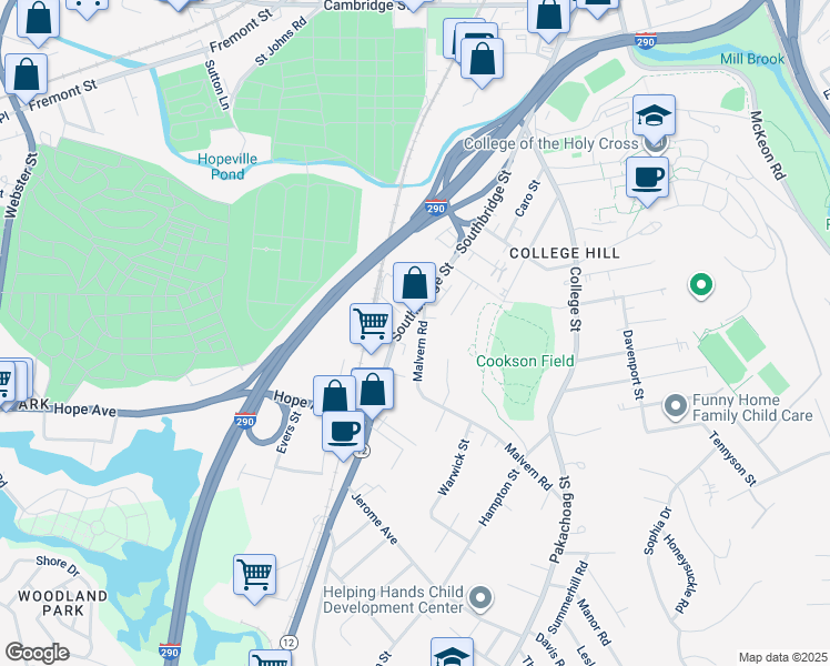 map of restaurants, bars, coffee shops, grocery stores, and more near 27 Malvern Road in Worcester