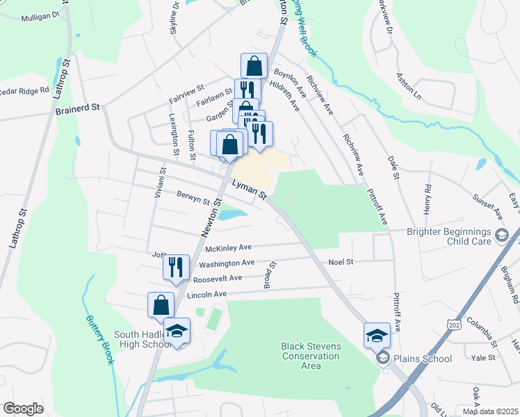 map of restaurants, bars, coffee shops, grocery stores, and more near 10 Camden Street in South Hadley