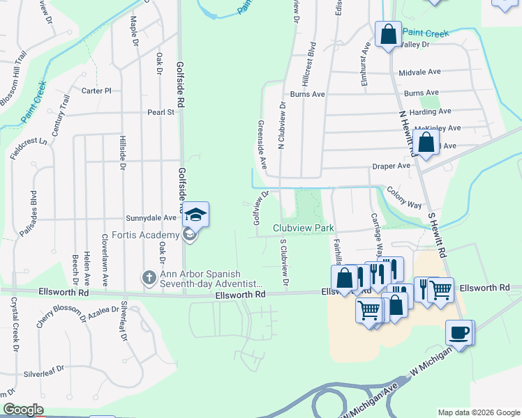 map of restaurants, bars, coffee shops, grocery stores, and more near 2955 Golfview Court in Ypsilanti