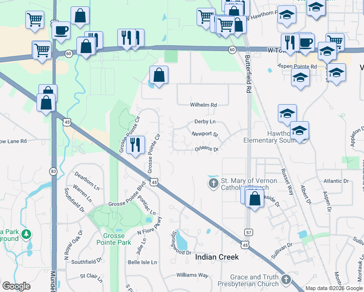 map of restaurants, bars, coffee shops, grocery stores, and more near 1281 Orleans Drive in Mundelein