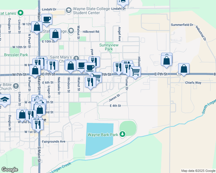 map of restaurants, bars, coffee shops, grocery stores, and more near 501-599 Wayside Lane in Wayne