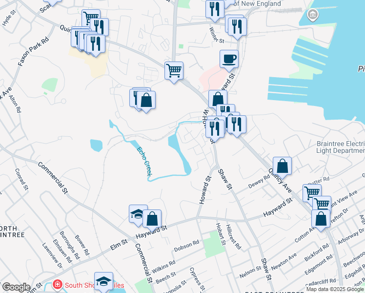 map of restaurants, bars, coffee shops, grocery stores, and more near 100 Skyline Drive in Braintree