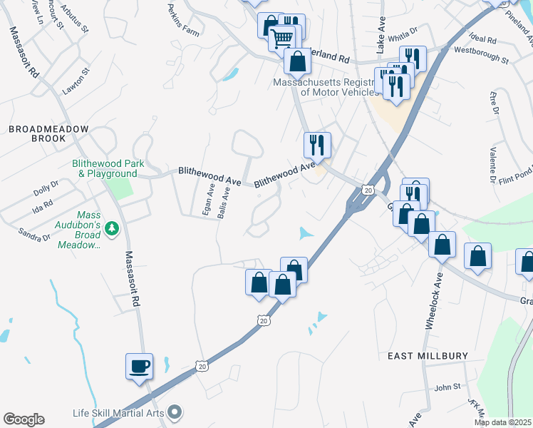 map of restaurants, bars, coffee shops, grocery stores, and more near 51 Weatherstone Drive in Worcester
