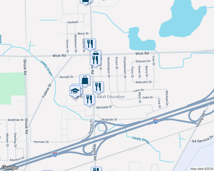 map of restaurants, bars, coffee shops, grocery stores, and more near 9502 Washington Street in Romulus
