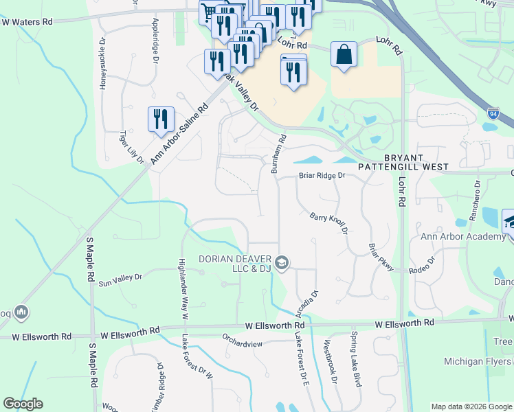 map of restaurants, bars, coffee shops, grocery stores, and more near 3628 Meadow Grove Trail in Ann Arbor