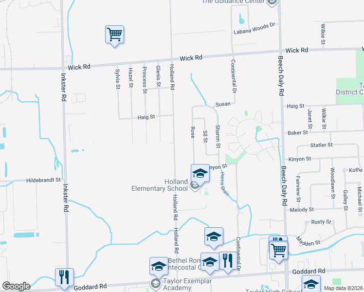 map of restaurants, bars, coffee shops, grocery stores, and more near 9825 Holland Road in Taylor