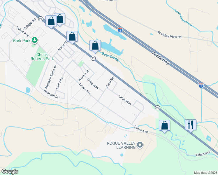 map of restaurants, bars, coffee shops, grocery stores, and more near 1404 Lithia Way in Talent