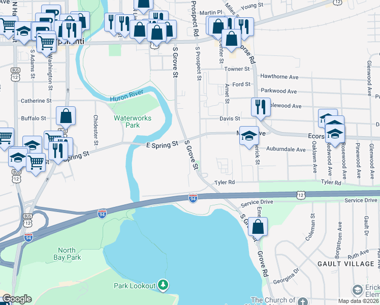 map of restaurants, bars, coffee shops, grocery stores, and more near South Grove Street in Ypsilanti