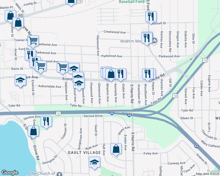 map of restaurants, bars, coffee shops, grocery stores, and more near 567 Wharton Avenue in Ypsilanti