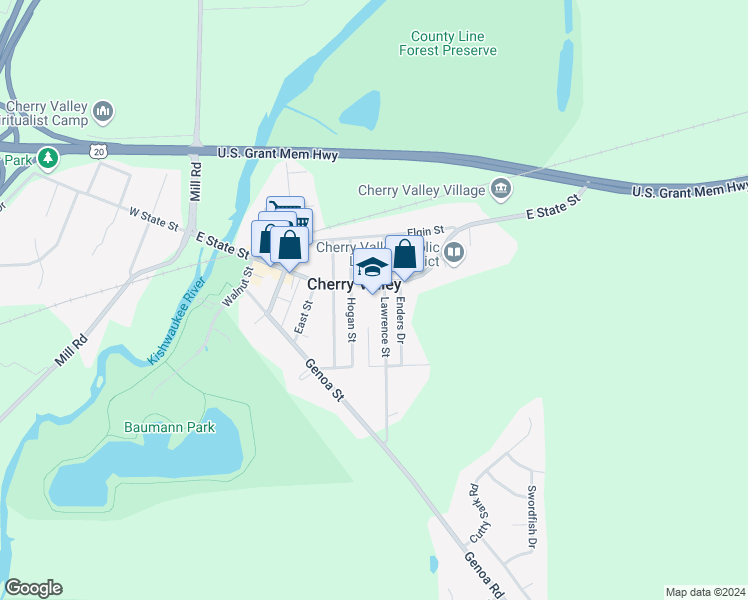map of restaurants, bars, coffee shops, grocery stores, and more near 619 East State Street in Cherry Valley
