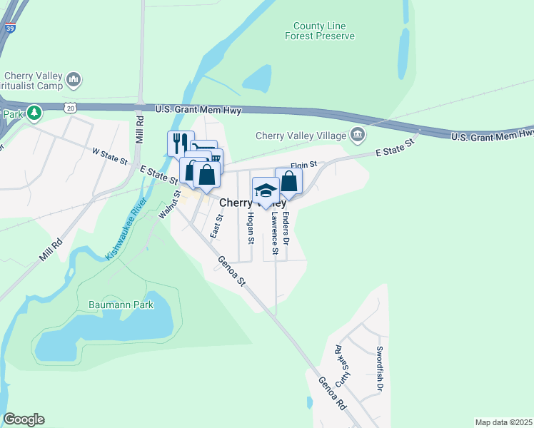 map of restaurants, bars, coffee shops, grocery stores, and more near 619 East State Street in Cherry Valley