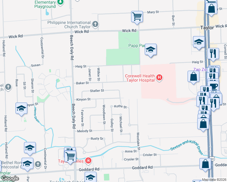 map of restaurants, bars, coffee shops, grocery stores, and more near 25427 Statler Street in Taylor