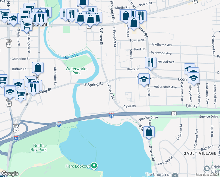 map of restaurants, bars, coffee shops, grocery stores, and more near South Grove Street in Ypsilanti