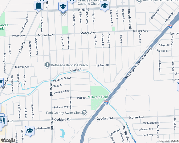 map of restaurants, bars, coffee shops, grocery stores, and more near 10039 Park Avenue in Allen Park