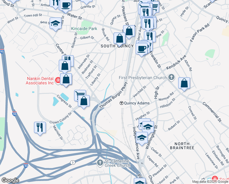 map of restaurants, bars, coffee shops, grocery stores, and more near 625 Thomas Burgin Parkway in Quincy