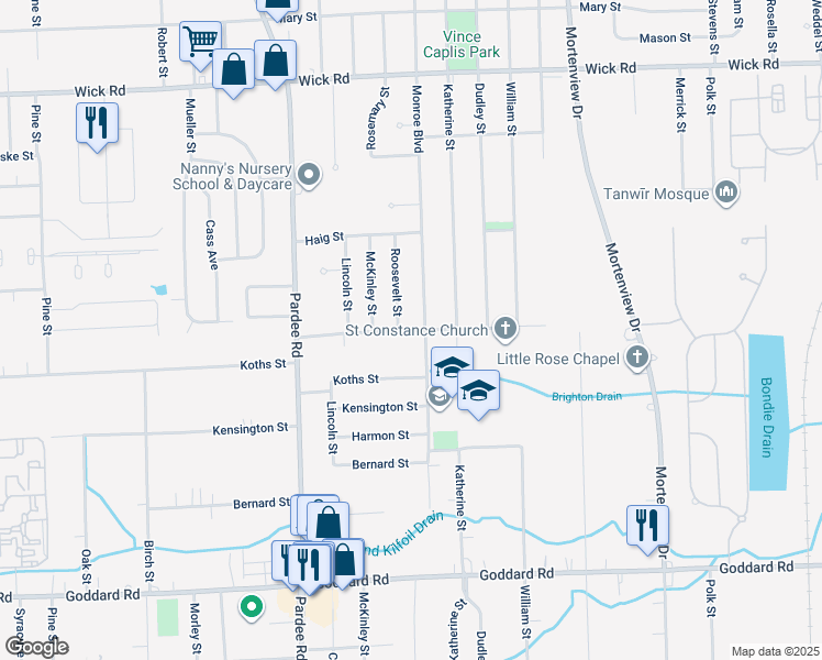 map of restaurants, bars, coffee shops, grocery stores, and more near 22101 Kinyon Street in Taylor