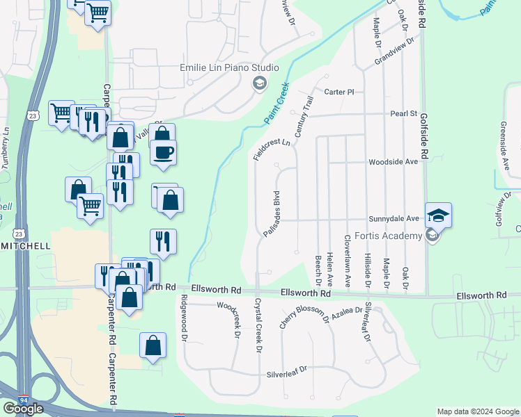 map of restaurants, bars, coffee shops, grocery stores, and more near 3793 Fieldcrest Lane in Ypsilanti