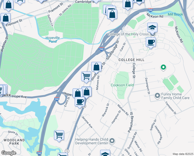 map of restaurants, bars, coffee shops, grocery stores, and more near 18 Malvern Road in Worcester