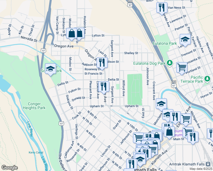 map of restaurants, bars, coffee shops, grocery stores, and more near 1513 Oregon Avenue in Klamath Falls