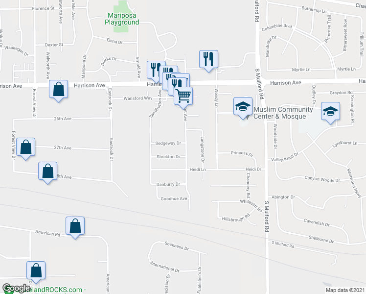map of restaurants, bars, coffee shops, grocery stores, and more near 5581 Sedgeway Drive in Rockford