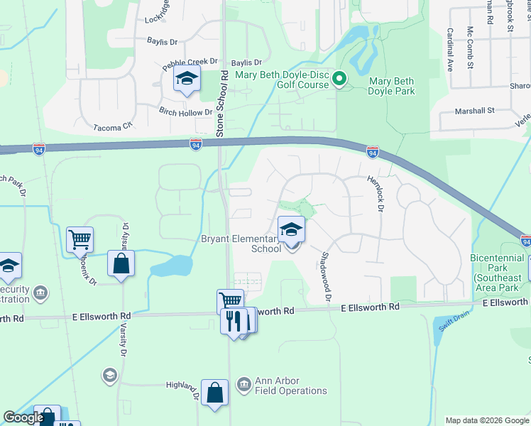 map of restaurants, bars, coffee shops, grocery stores, and more near 2150 Stone School Circle in Ann Arbor