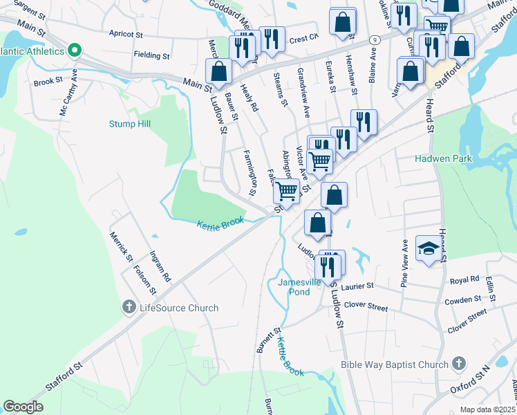 map of restaurants, bars, coffee shops, grocery stores, and more near 175 Ludlow Street in Worcester