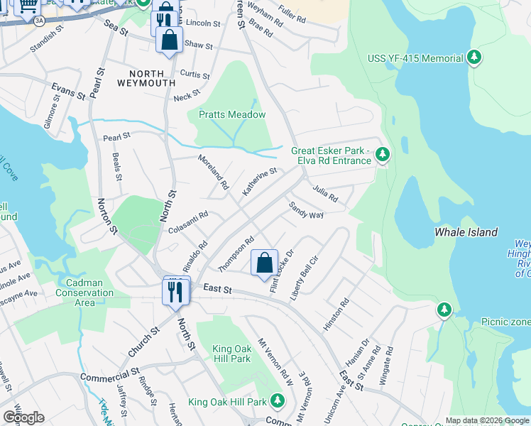 map of restaurants, bars, coffee shops, grocery stores, and more near 120 Thompson Road in Weymouth