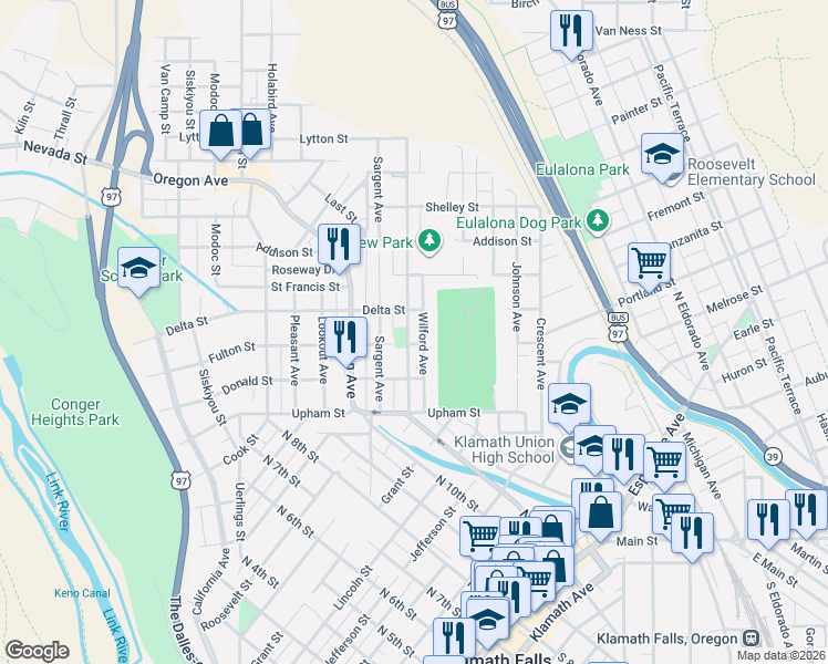 map of restaurants, bars, coffee shops, grocery stores, and more near 1503 Worden Avenue in Klamath Falls