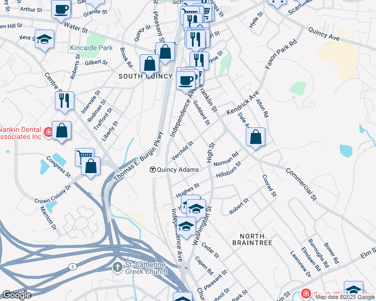 map of restaurants, bars, coffee shops, grocery stores, and more near 55 Plymouth Street in Quincy