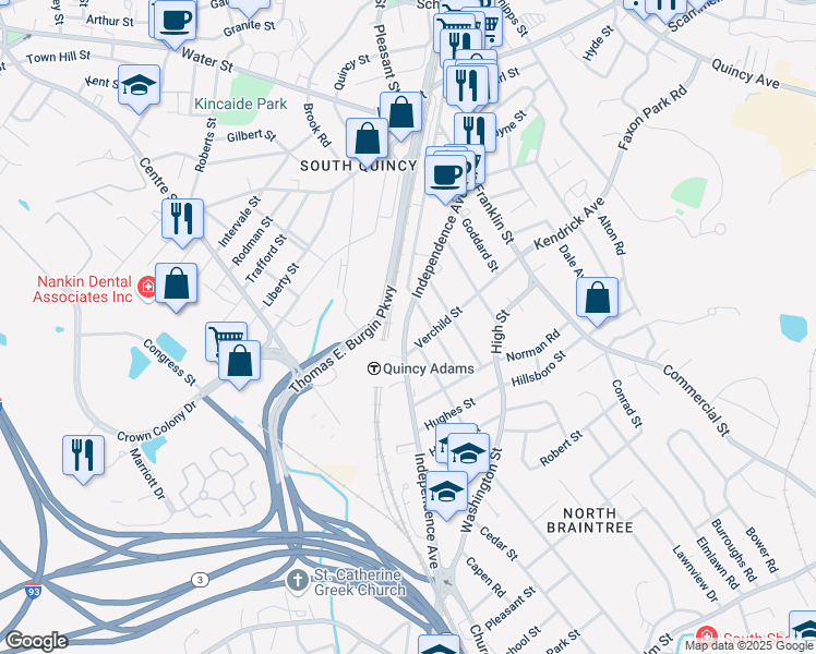 map of restaurants, bars, coffee shops, grocery stores, and more near 107 Verchild Street in Quincy