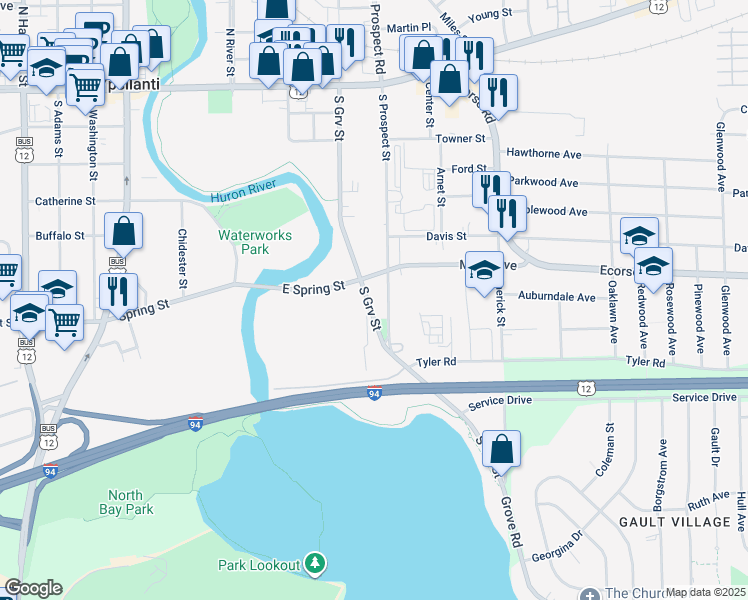 map of restaurants, bars, coffee shops, grocery stores, and more near 319 South Grove Road in Ypsilanti