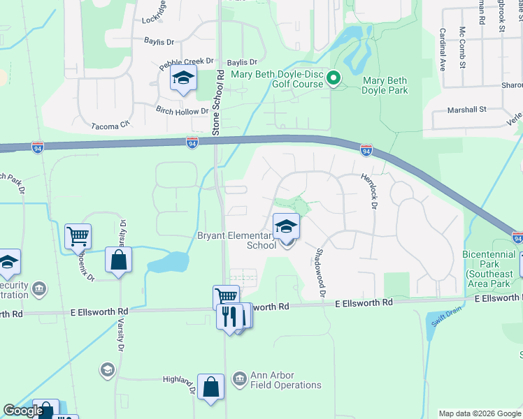 map of restaurants, bars, coffee shops, grocery stores, and more near 2150 Stone School Circle in Ann Arbor