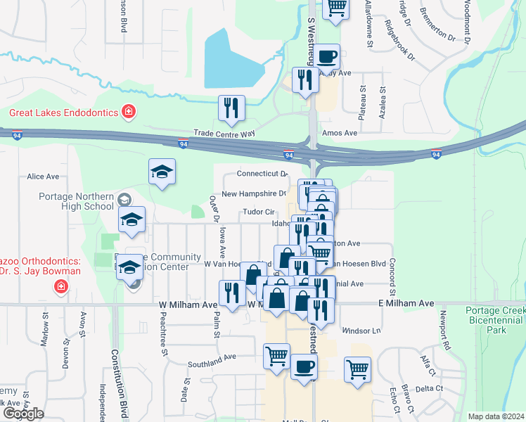 map of restaurants, bars, coffee shops, grocery stores, and more near 330 Idaho Avenue in Portage