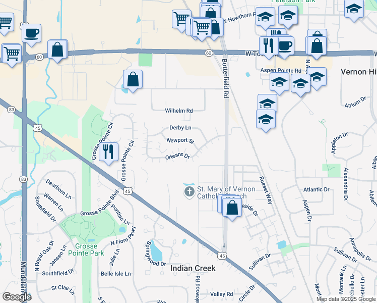 map of restaurants, bars, coffee shops, grocery stores, and more near 1405 Orleans Drive in Mundelein