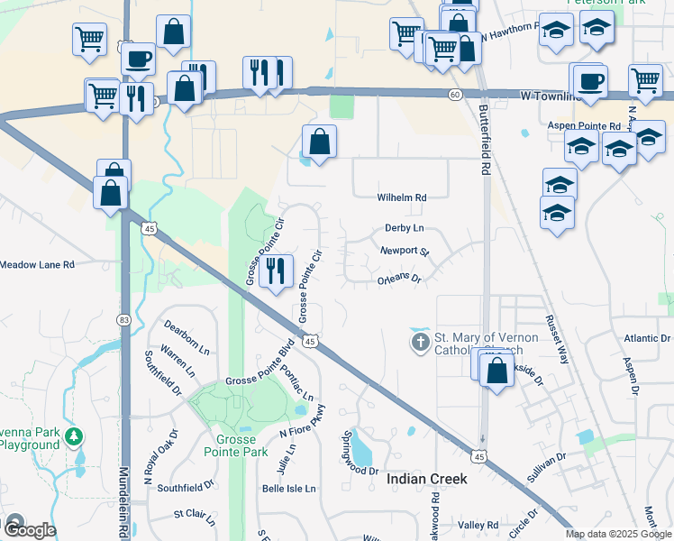 map of restaurants, bars, coffee shops, grocery stores, and more near 1233 Orleans Drive in Mundelein