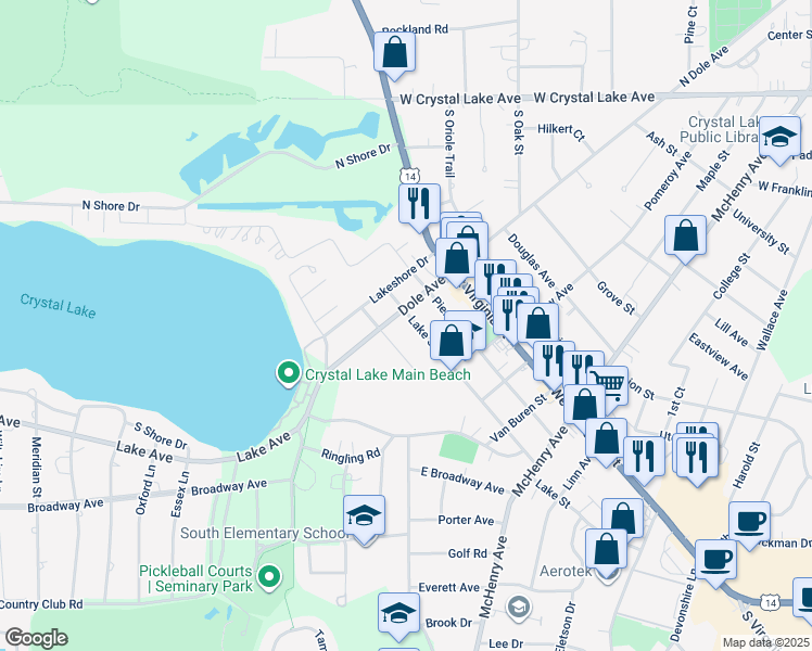 map of restaurants, bars, coffee shops, grocery stores, and more near 503 Lake Street in Crystal Lake