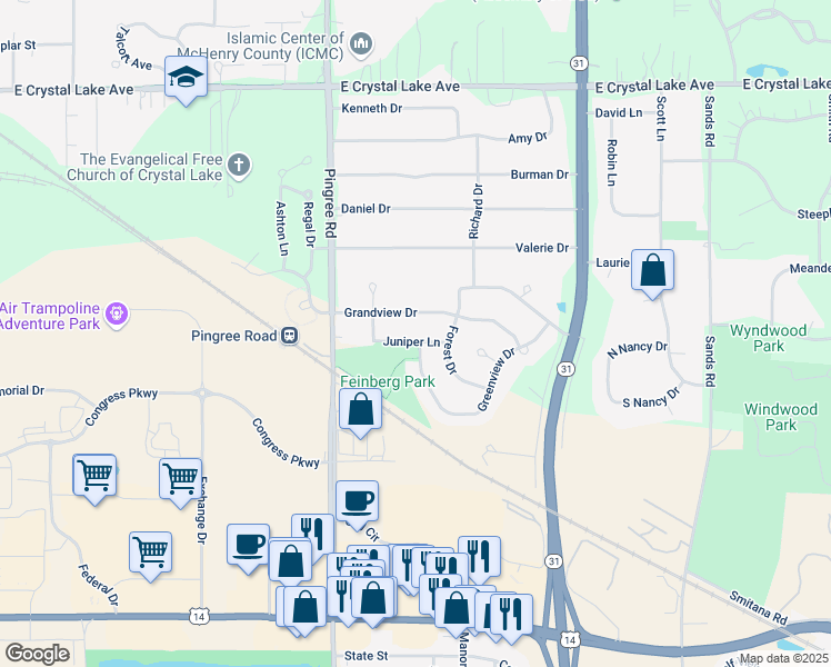 map of restaurants, bars, coffee shops, grocery stores, and more near 734 Juniper Lane in Crystal Lake